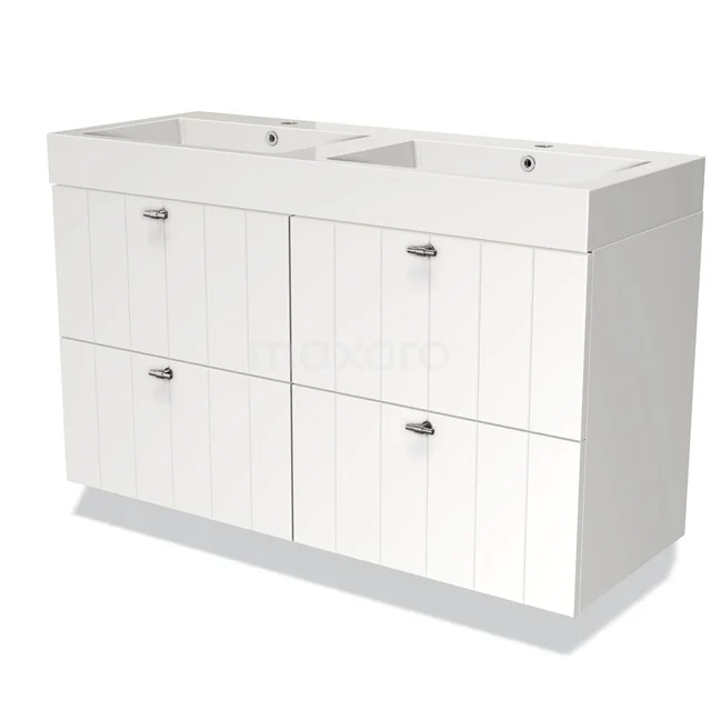 Badmöbel 120cm Modulo Matt Weiß 4 Schubladen Lattenrost Waschbecken Mineralguss BMW18-00335 Weißes Badezimmermöbel mit Doppelwaschbecken, vier Soft-Close Schubladen und vertikalen Rillen; stilvoll und praktisch für jedes Badezimmer.