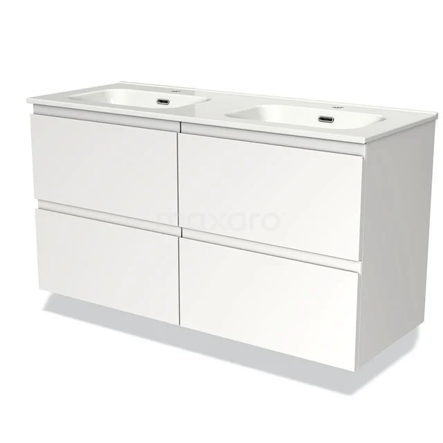Badmöbel 120cm Modulo Matt Weiß 4 Schubladen griffloses Waschbecken aus Keramik BMW18-00340 Weißes Doppelwaschbeckenmöbel mit vier Schubladen, minimalistisches Design, ideal für moderne Badezimmergestaltung.