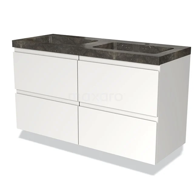 Badmöbel 120cm Modulo Matt Weiß 4 Schubladen Griffloses Waschbecken Naturstein Blaustein BMW18-00342 Weißes Badezimmermöbel mit schwarzer Marmor-Waschtischplatte, 4 Schubladen, modernes Erscheinungsbild geeignet für stilvolles Badezimmerdesign.