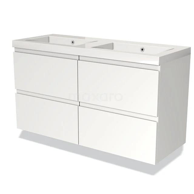White double basin bathroom furniture set with drawers, modern design and ceramic basin, ideal for spacious bathrooms.