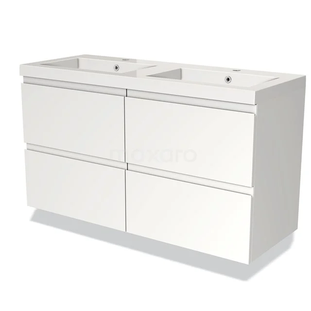 Weiße doppelte Badmöbel mit vier grifflosen Schubladen, modernes Design, geeignet für moderne Bäder.