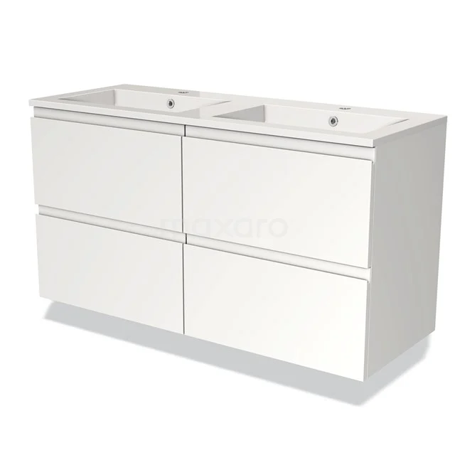 Weißes Badezimmermöbel mit Doppelwaschbecken, vier Schubladen und schlankem Design, perfekt für moderne Bäder.