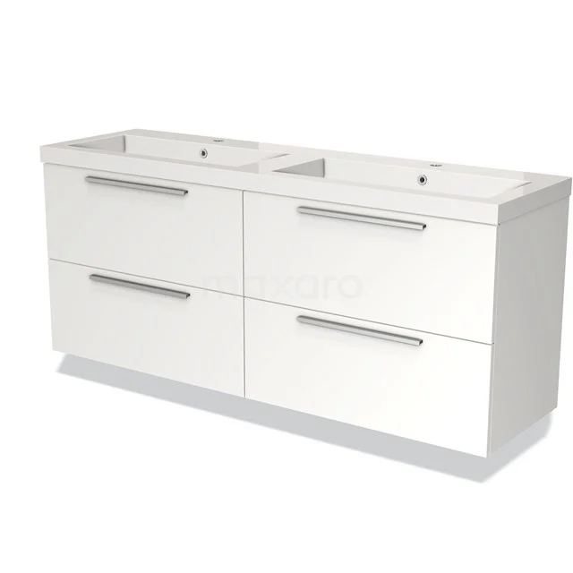 White double bathroom unit with four drawers, sleek design, fitted with metal handles, ideal for modern bathrooms.