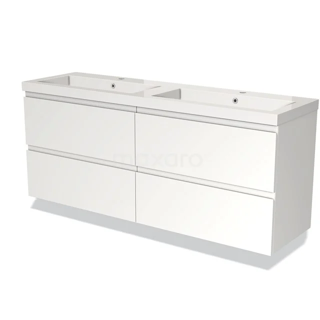Witte dubbele badkamermeubelset met moderne rechte lijnen, vier lades en ingebouwde wastafel, ideaal voor badkameropslag.
