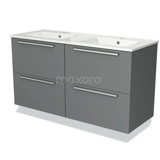Grey double vanity unit with four drawers, modern design, ideal for a stylish bathroom.