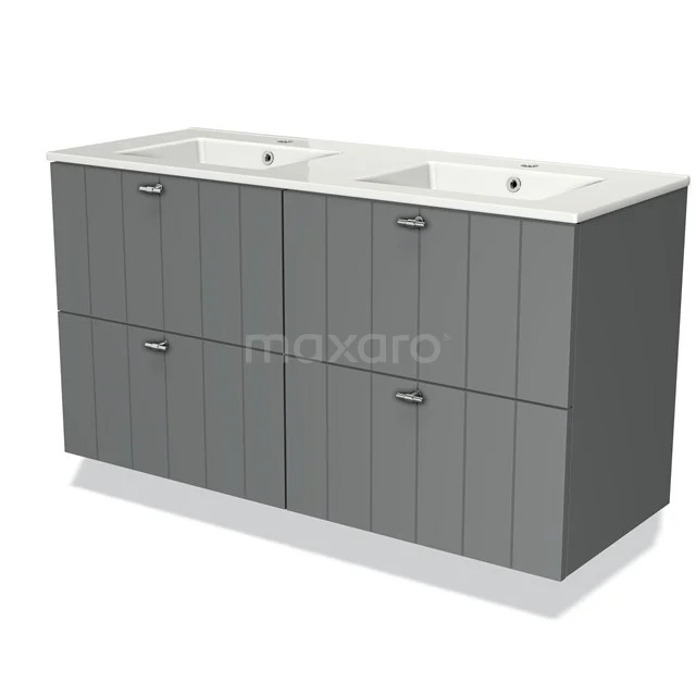 Grey double vanity unit with panel doors, ceramic sink and storage drawers, perfect for a modern bathroom.