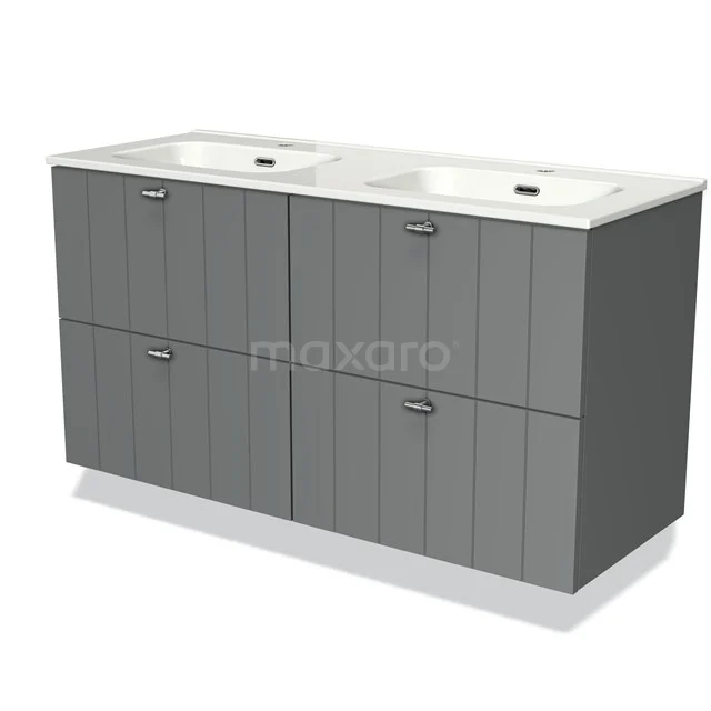 Modulo Bathroom furniture with sink | 120 cm Mid grey Slat front Ceramic 4 drawers BMW18-00367 Grey wooden bathroom furniture set with double basin, modern look and storage space for a stylish bathroom.