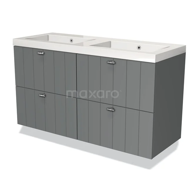 Grey double basin with drawers, vertical lines, ceramic basins, ideal for modern bathroom design.
