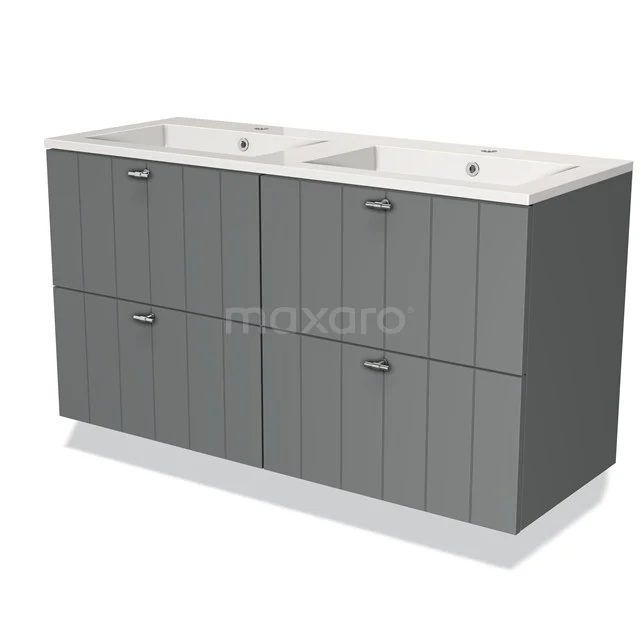 Graues Doppelwaschbeckenmöbel aus Holzserie mit vier Schubladen, ideal für eine moderne Badezimmergestaltung.