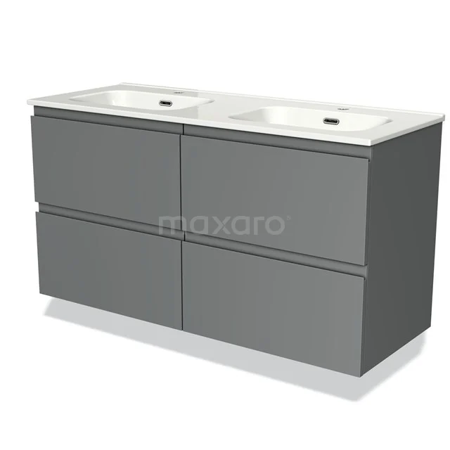 Grey modern bathroom furniture set with double basin, sleek design and four drawers, ideal for spacious bathrooms.
