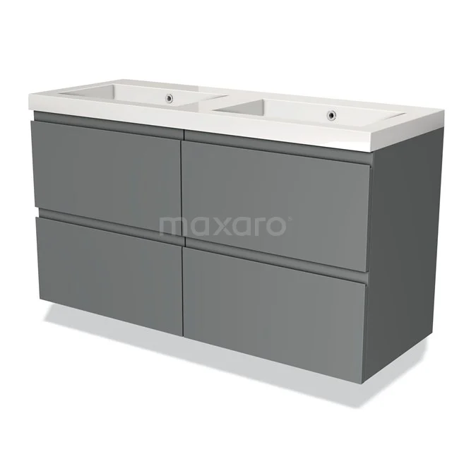 Grey double basin bathroom furniture set with ceramic basin, modern design and four drawers for maximum bathroom storage.