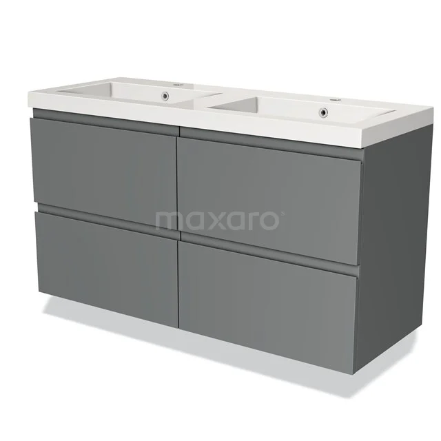 Grau Badmöbel mit Doppelwaschbecken, modernes Design, vier Schubladen, geeignet für stilvolle und praktische Bäder.