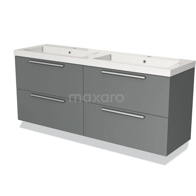 Grey double vanity unit with four drawers, modern finish, ideal for bathroom storage and stylish design.