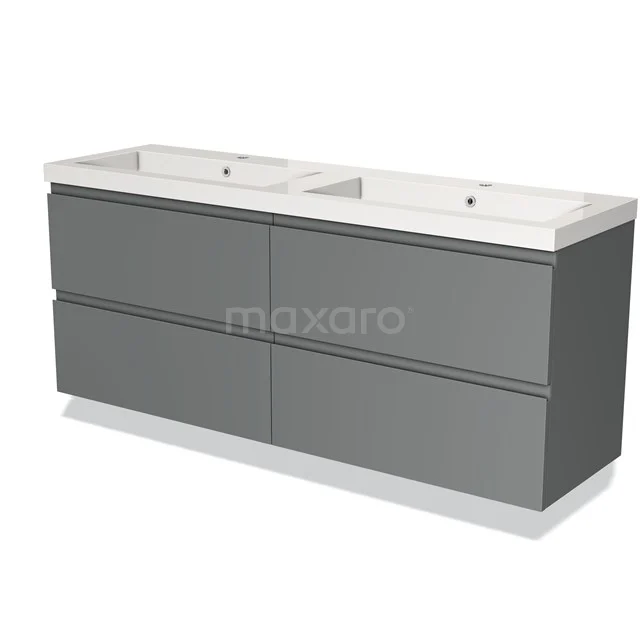 Graues Doppelwaschbecken mit minimalistischem Design, vier Schubladen und weißem keramischen Waschbecken, perfekt für ein modernes Badezimmer.