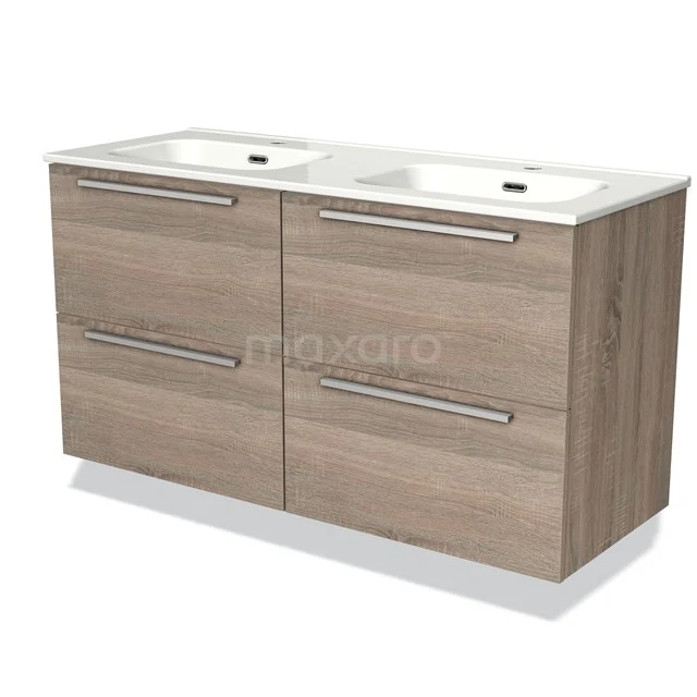 Wooden bathroom unit with double sink, modern handles, and minimalist design for a contemporary bathroom.