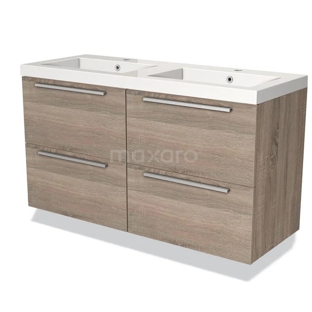 Holz Badezimmermöbel mit Doppelwaschbecken, moderne Ausstrahlung und vier Schubladen, ideal für stilvolle Badezimmerlagerung.