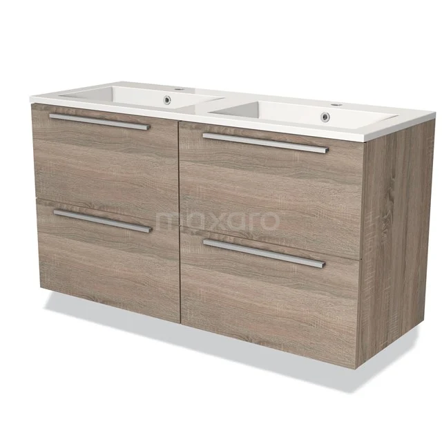 Wooden double basin base cabinet with drawers and white sinks, ideal for modern bathrooms.