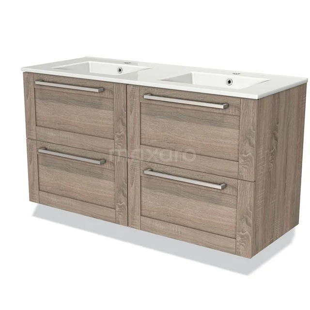Wooden vanity units with double basin, light oak colour, four drawers with silver handles, modern design.