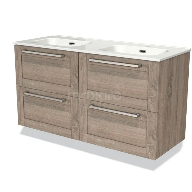 Wooden bathroom unit with double basin, modern chest of drawers in light Oak finish, ideal for stylish bathroom storage.