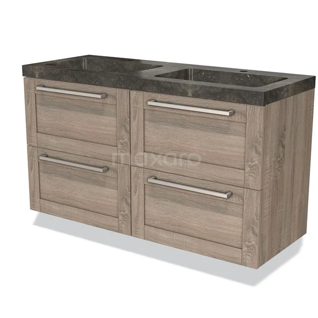 Badmöbel 120cm Modulo Eiche 4 Schubladen Rahmen Waschbecken Naturstein Blaustein BMW18-00408 Hölzernes Badezimmermöbel mit dunklem Steingewaschen, vier Schubladen und modernen Haltegriffen, ideal für stilvolle Badezimmerlagerung.