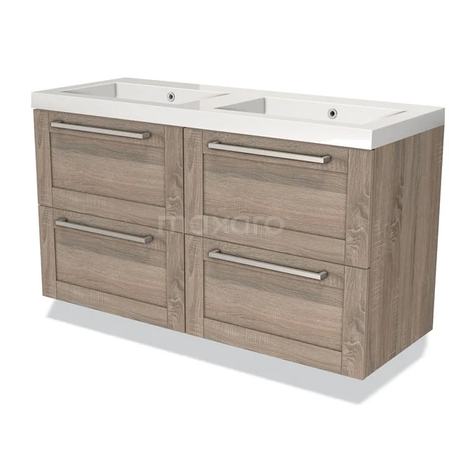 Wooden bathroom unit with double basin, 4 drawers and modern handles, ideal for stylish bathroom areas.