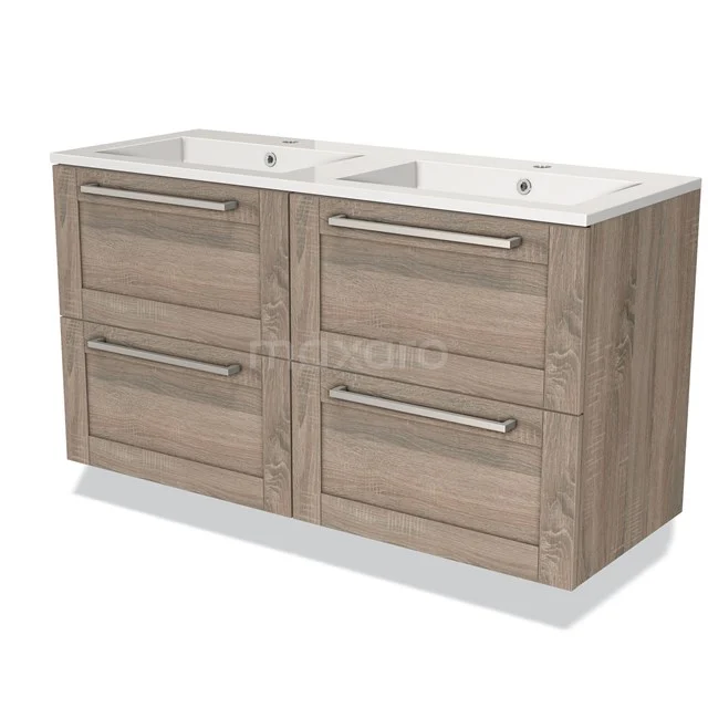 Wooden bathroom unit with double white vanity units with basin, 4 spacious drawers, modern design and metal handles.
