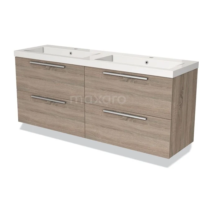 Houten badkamermeubel met dubbele wastafel, modern design, lichtbruin eikenhout en strakke RVS handgrepen.