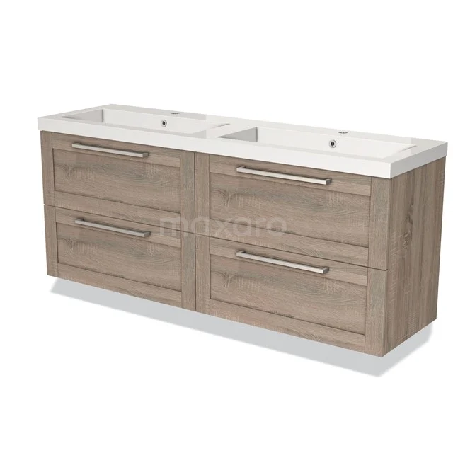 Wooden vanity units with basin, modern design, four drawers and metal handles for practical bathroom storage.