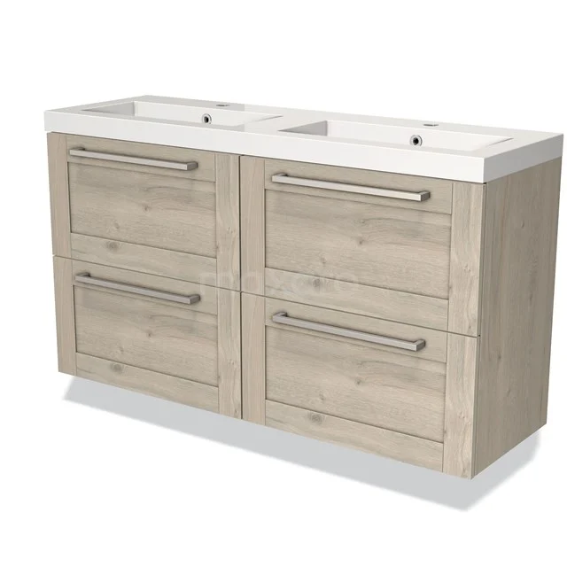 Modulo Slim Bathroom furniture with sink | 120 cm Light grey oak Frame front Mineral marble 4 drawers BMW38-00020 Wooden vanity unit with double basin, four drawers and metal handles, modern style for optimal storage space.