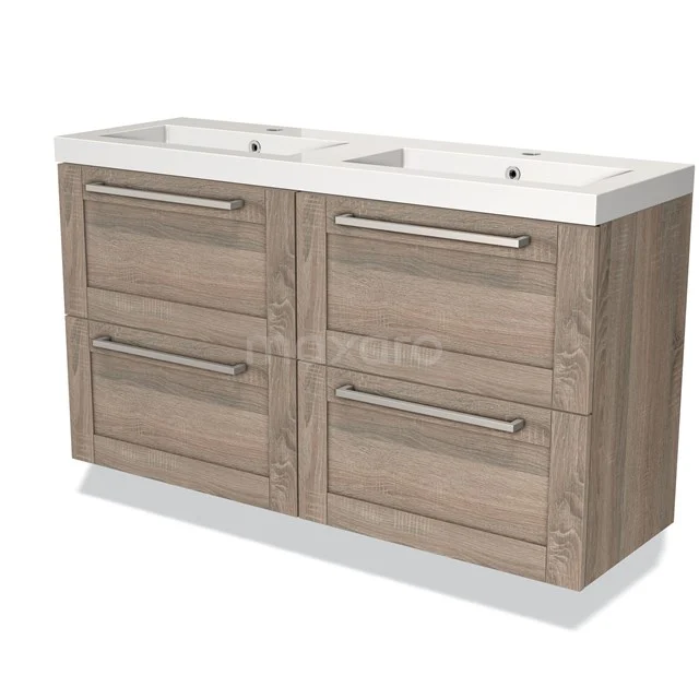 Oak bathroom unit with double white vanity units with basin, four wide drawers and sleek metal handles; stylish and practical.