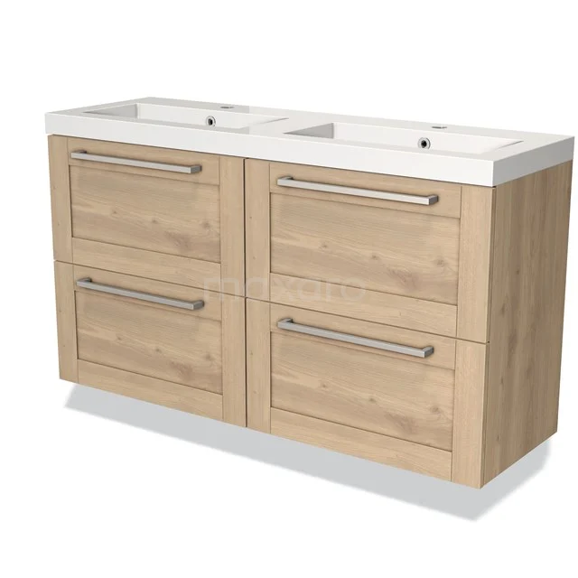 Modulo Slim Bathroom furniture with sink | 120 cm Light brown oak Bordered front Mineral marble 4 drawers BMW38-00024 Wooden vanity units with basin, light oak finish, four drawers with metal handles, modern design.