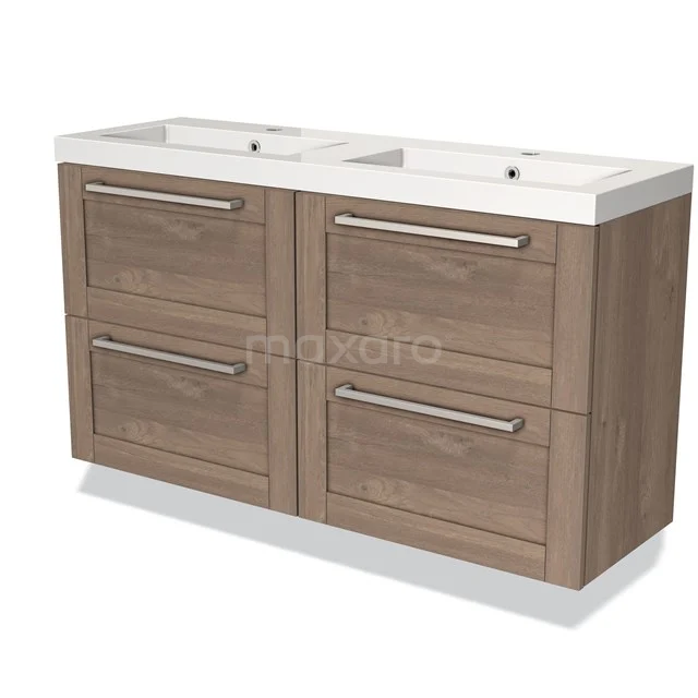 Modulo Slim Bathroom furniture with sink | 120 cm Mid brown oak Bordered front Mineral marble 4 drawers BMW38-00026 Wooden bathroom unit with double basin, 4 drawers and metal handles, modern design, ideal for stylish bathrooms.