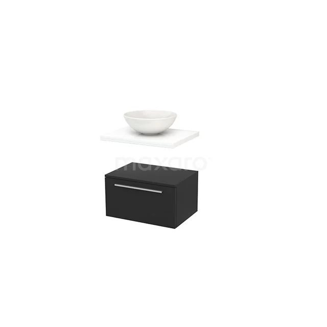 Black Bathroom cabinet with one drawer, white ceramic countertop wash basin and glass shelf, modern design for compact bathrooms.