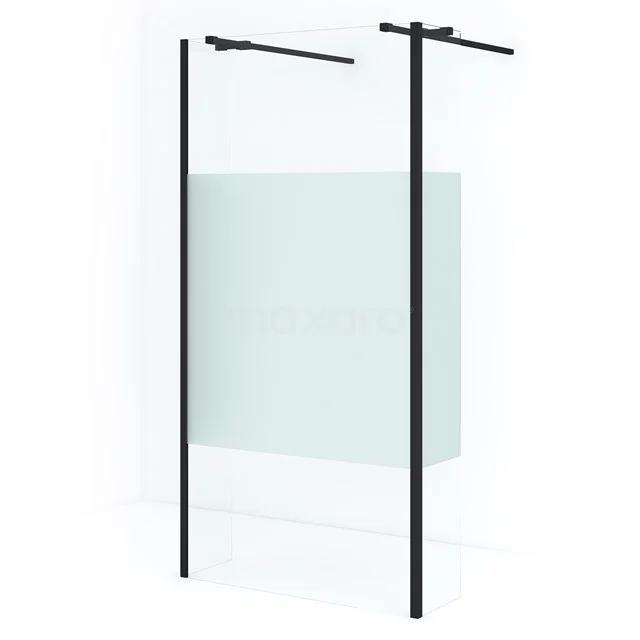 Black walk-in shower with frosted glass screen and subtle lines, ideal as a modern addition to any bathroom.