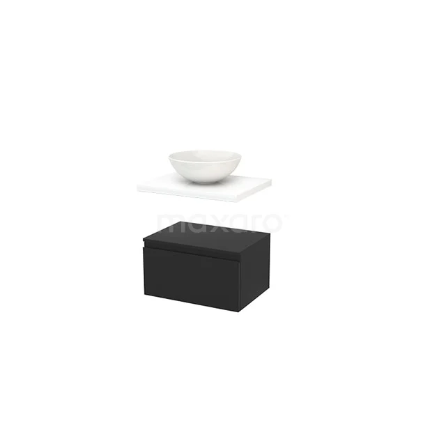 Low Bathroom cabinet with Basin worktop 60x35cm Modulo+ Plato Carbon Handle-less BMR000132 Black bathroom unit set with matte black cabinet, white ceramic basin and bowl design, ideal for modern bathroom design.