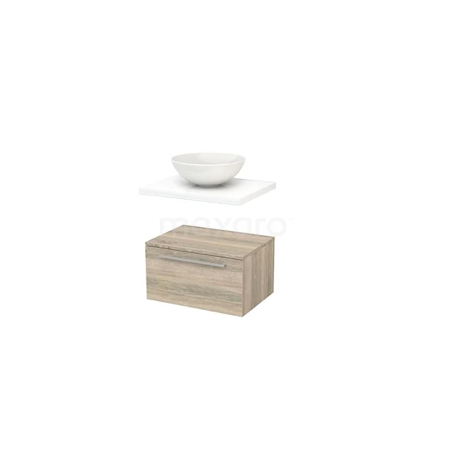 Low Bathroom cabinet with Basin worktop 60x35cm Modulo+ Plato Oak Flat BMR000133 Wooden bathroom unit with drawers, light Oak, including white ceramic countertop wash basin and minimalist design.