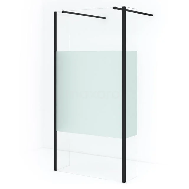 Matte black shower screen with frosted glass, minimalist design and sturdy aluminium profiles, perfect for a modern bathroom.