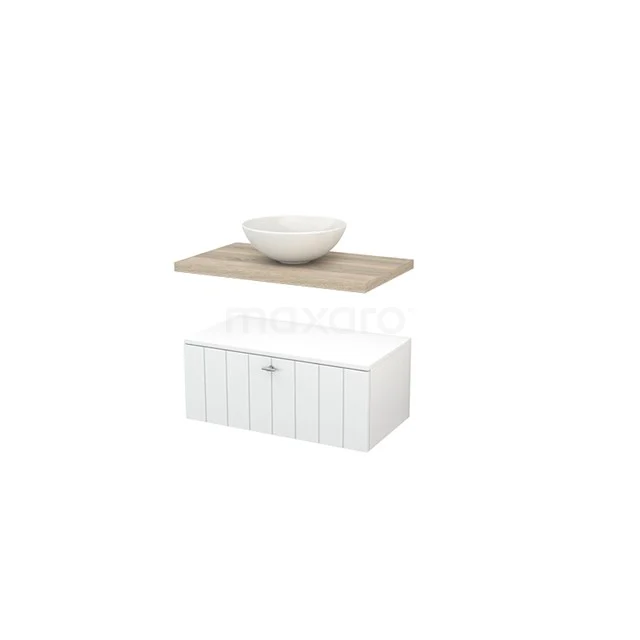 White bathroom unit with wood-look worktop and round countertop wash basin; modern and stylish design, ideal for a compact bathroom.