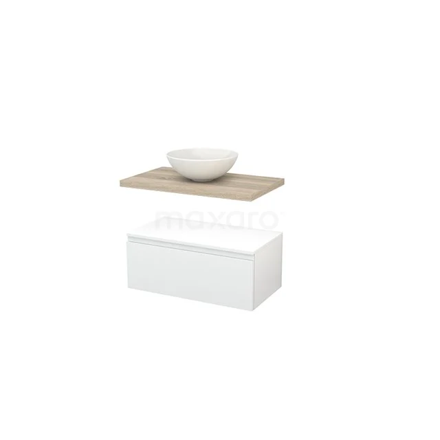 Modulo+ Plato Vanity units for countertop basin | 80 cm High-gloss white Handle-less front Oak worktop Low floating BMR000142 White bathroom unit with wooden worktop, round countertop wash basin and soft-close drawers, modern design for stylish bathroom design.