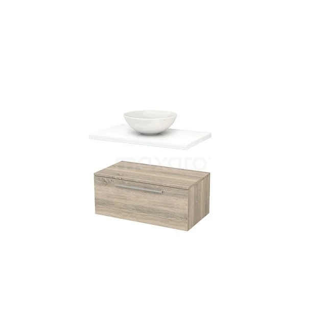 Oak bathroom unit with white ceramic countertop wash basin, compact design and modern floating model.