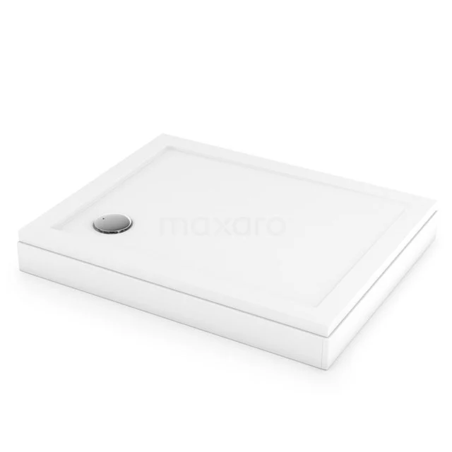 Weiße rechteckige Duschwanne aus Keramik mit Abfluss auf der linken Seite, ideal für einen modernen Badezimmerstil.