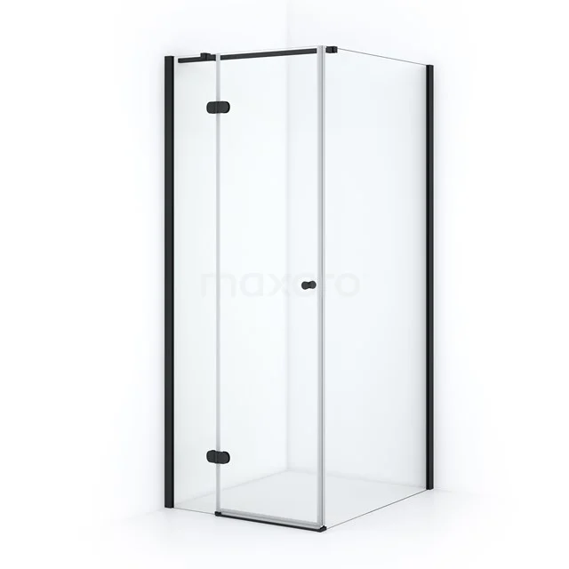 Sleek glass shower enclosure with black aluminium profiles, ideal for a modern bathroom.