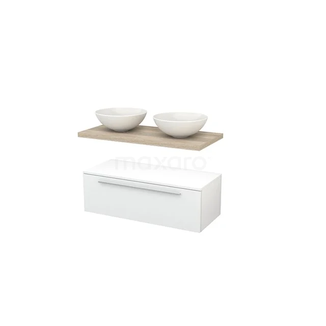 White bathroom unit with wooden worktop and double basin, modern design, ideal for stylish and functional bathroom areas.