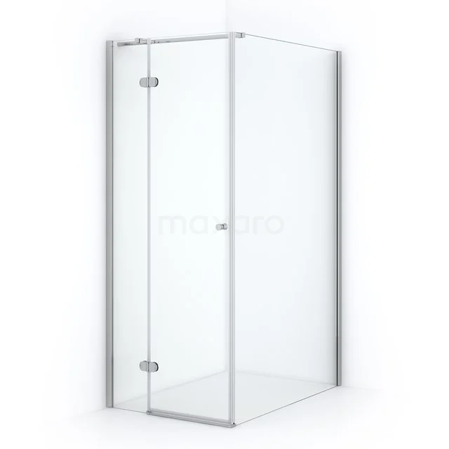 Eck-Duschkabine aus transparentem Glas mit Aluminiumprofil, minimalistisches Design, ideal für ein modernes Badezimmer.