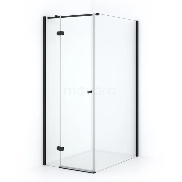 Shower enclosure with corner entry, black profile, modern design for bathroom, safety glass for stylish space.