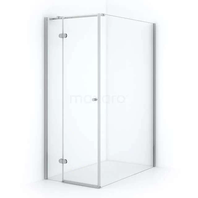 Glass shower enclosure corner model with chrome profiles, transparent tempered glass, ideal for modern bathroom design.