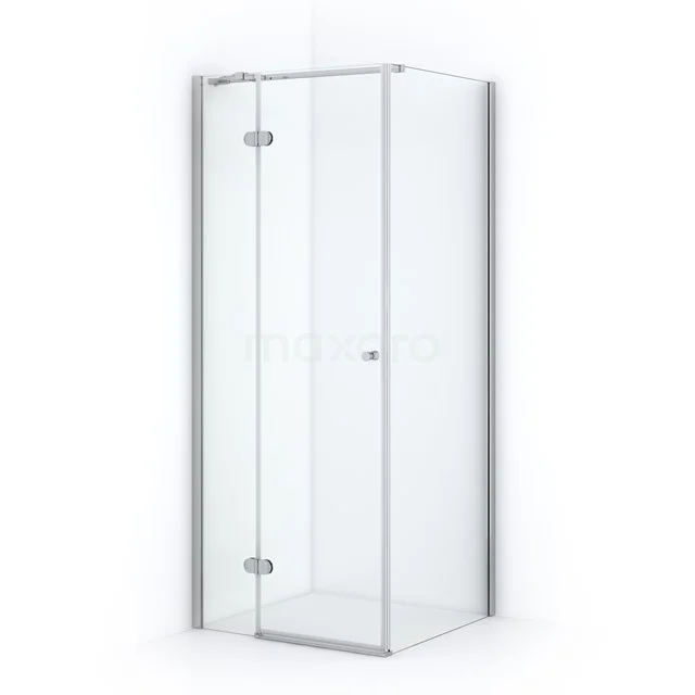 Corner shower enclosure with clear glass panels and chrome hinges, ideal for modern bathroom styles.
