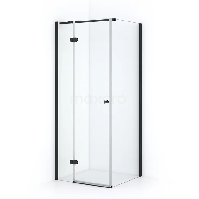 Shower enclosure square with clear glass, black frame and pivot door, ideal for a modern bathroom.