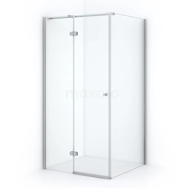 Glass shower enclosure with chrome hinges, corner model, suitable for modern bathrooms. Minimalist design, clear glass.