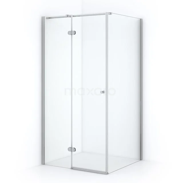 Glass shower enclosure with chrome hinges, corner model, suitable for modern bathrooms. Minimalist design, clear glass.